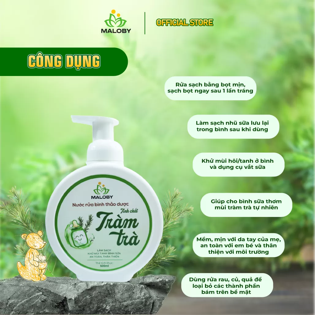 Nước rửa bình thảo dược cho bé tinh chất Tràm Trà Maloby (500 ml)