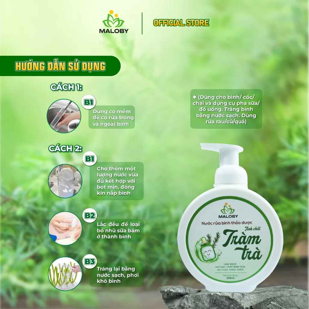 Nước rửa bình thảo dược cho bé tinh chất Tràm Trà Maloby (500 ml)